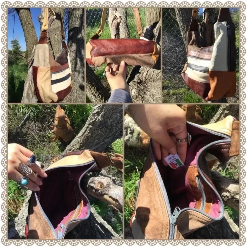 Vintage 70s Brown Natural Pebbled Leather Patchwork Boho Hobo Crossbody Bag